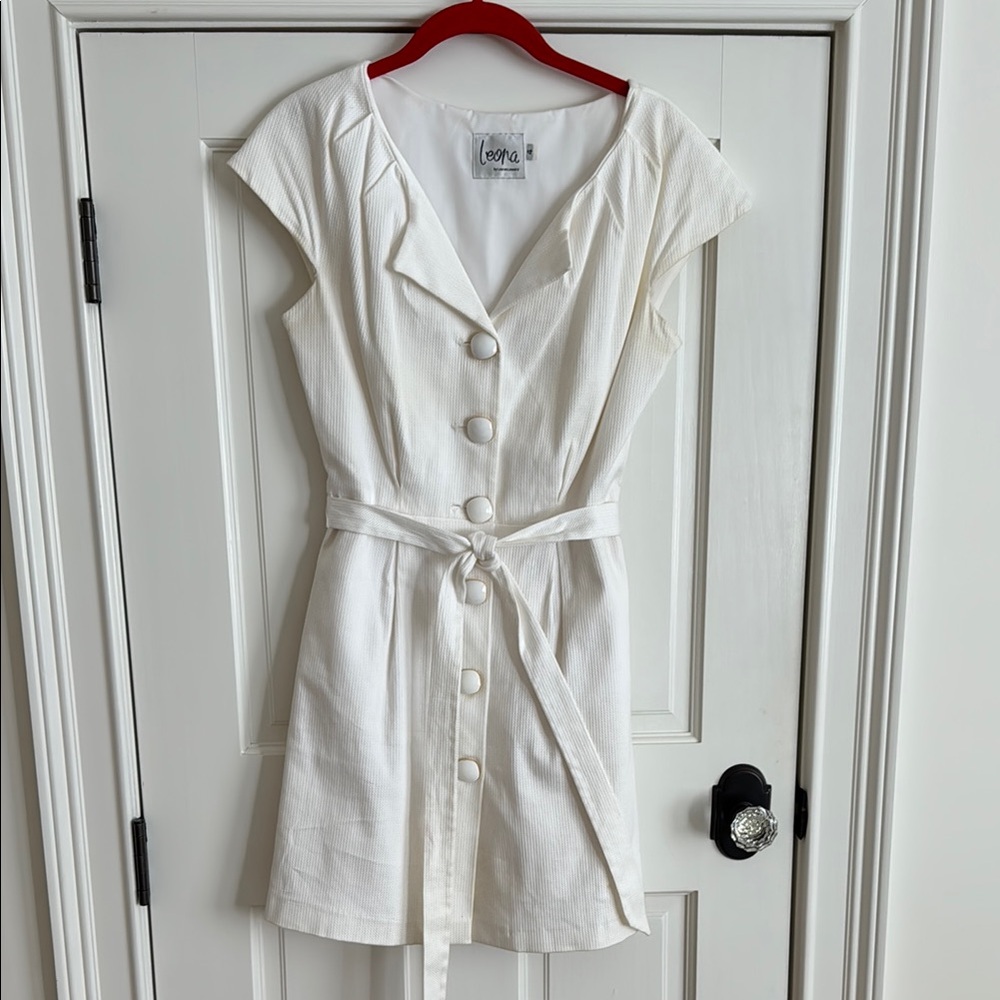 Leona | Belted Button Front Dress | White Textured Cap Sleeve | 4